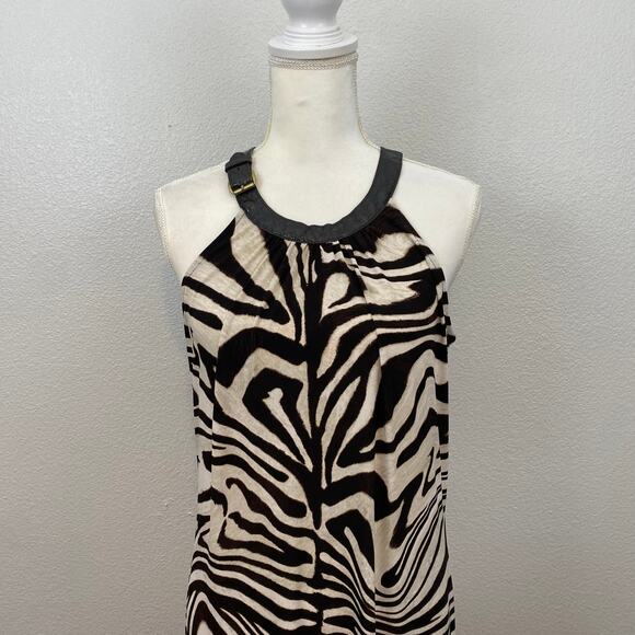 Y2K Brown Zebra Print Flowy Leather Buckle Halter Neck Maxi Dress - Picture 11 of 15